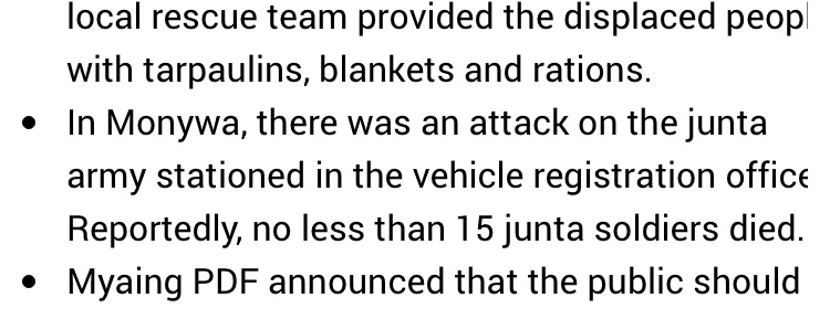 Here’s another one, Monywa

Something gave these Sagaing Charlie’s a reason to escalate their efforts, they’ve been bombing civilians every day and raiding PDF camps

They have pseudo-winning streak
Naturally, the PDF is going to kick your ass like they’ve always done