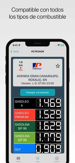 Vista de detalle para una gasolinera, mostrando los diferentes precios para cada tipo de combustible