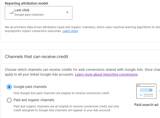 tedives's tweet photo. @adsliaison Ginny, I used to like how UA and Ads had different attribution; Ads took credit where it could, UA gave you a more balanced view.  It appears now what you pick in GA4 affects bidding; to optimize for search conversions, are both settings here the best practice? https://t.co/tx3akZ4RjH