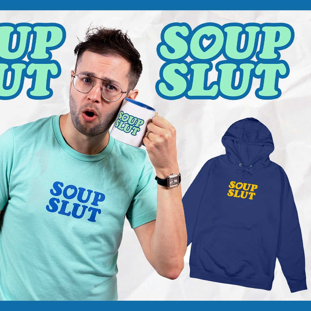 tryguys's tweet photo. We know you want it. Get that juicy soup slut merch now!!!🍜 https://t.co/ER6XNdtA6E https://t.co/kgDevKHXwp