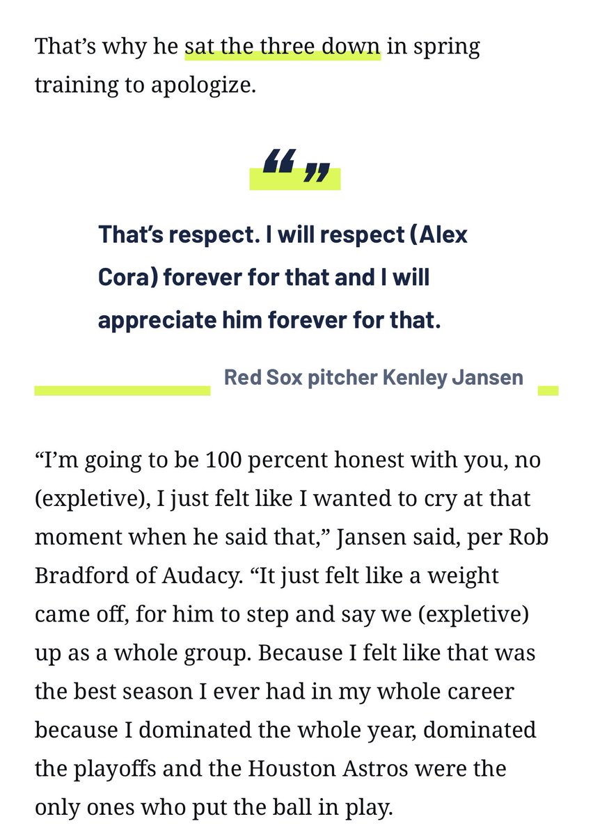 randi9320's tweet photo. According to a NESN article, Alex Cora sat down with Justin Turner, Kiké, and Jansen in spring training to apologize for the 2017 cheating scandal. https://t.co/WTCmxIHc3F