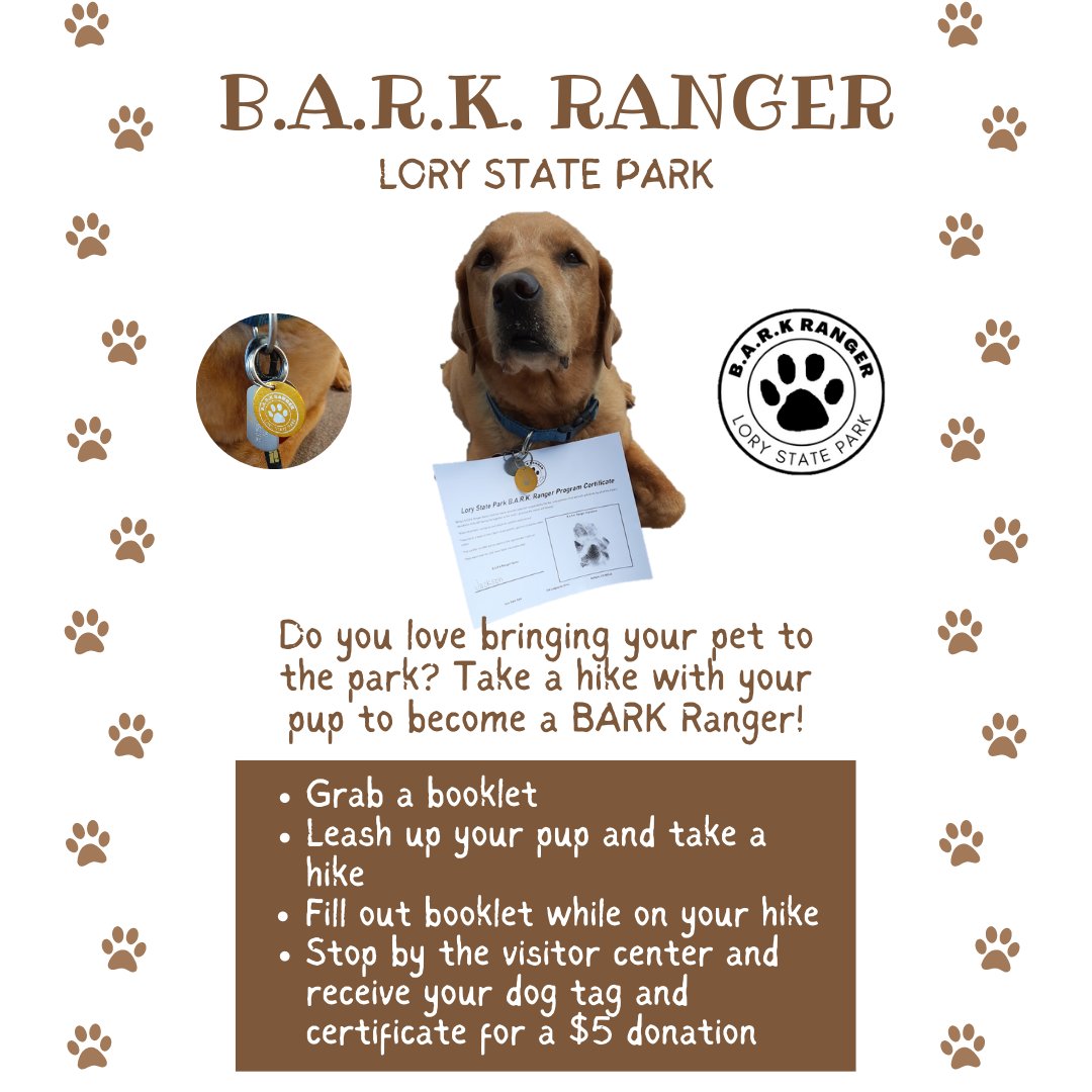 LoryStatePark's tweet photo. We love seeing all of your pets at our park! Now introducing our B.A.R.K. Ranger program! Swing by the Visitor Center to grab your booklet. We may not have pup cups but we do have dog biscuits! https://t.co/FdwIR4fHQz