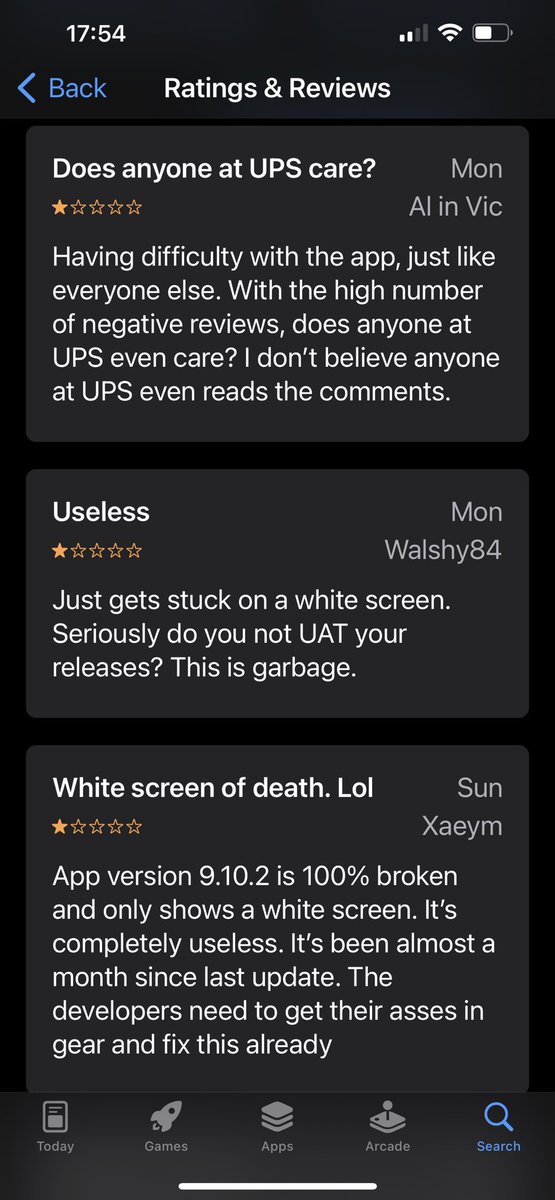 7chose's tweet photo. @UPS Hi, thought you may want to know your app has been broken for at least a month. I get the same white screen + crash as everyone else. My iOS is up to date. https://t.co/14FgusXlHJ