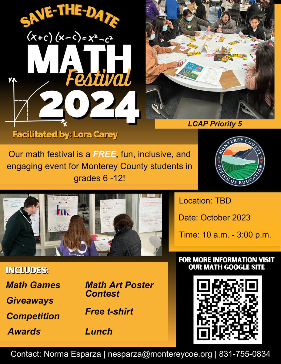 📢 Save the date! 🗓️ for the 2023-24 Monterey County Math Festival, an incredible experience for students all across Monterey County! 🌟 Fun, inclusive, and engaging event for grades 6-12. 🧮 Stay tuned for more information to come! #MathFestival <a href="/TeacherLora/">Lora Carey</a> <a href="/p12innovation/">Caryn Lewis, Ed.D.</a>