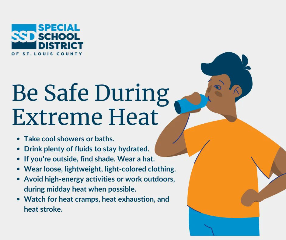 NeuSchoolSSD's tweet photo. Triple-digit weather is making its way into the St. Louis area. Prolonged or intense exposure to hot temperatures can cause serious heat-related illnesses! Use these tips to beat the heat and learn the symptoms of heat cramps, exhaustion, and stroke.
https://t.co/9OJ34EG9Wv https://t.co/Ojg1G8quHs