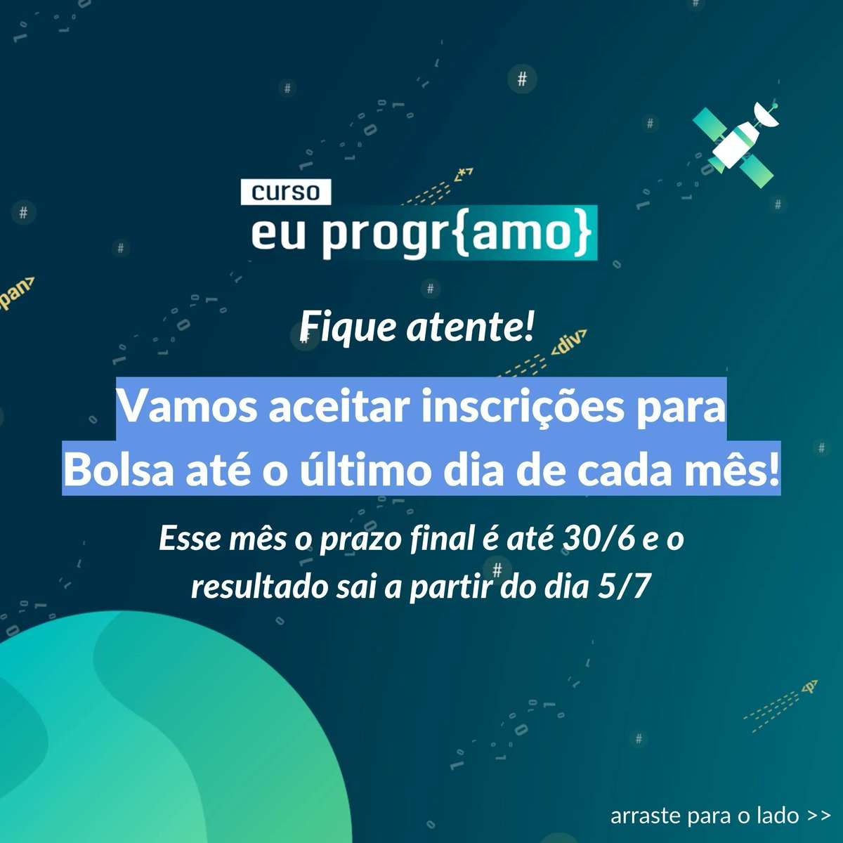 programaria's tweet photo. Nossos cursos #EuProgrAmo tem a opção de bolsa integral de estudos🚀 então se vc quiser se inscrever para ganhar uma bolsa e iniciar suas aulas em julho corra! Aceitaremos aplicações até dia 30/6, para se aplicar basta preencher o forms que está no link📲 https://t.co/HG83EixeeK https://t.co/aLeVZ6Y0gz