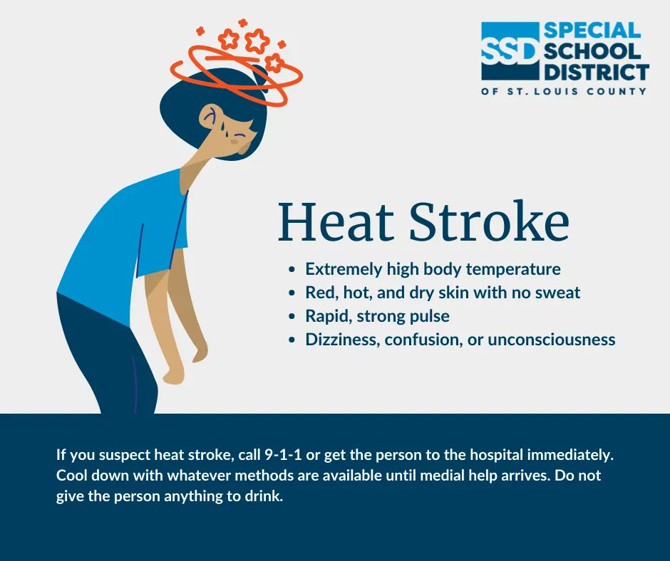 NeuSchoolSSD's tweet photo. Triple-digit weather is making its way into the St. Louis area. Prolonged or intense exposure to hot temperatures can cause serious heat-related illnesses! Use these tips to beat the heat and learn the symptoms of heat cramps, exhaustion, and stroke.
https://t.co/9OJ34EG9Wv https://t.co/Ojg1G8quHs