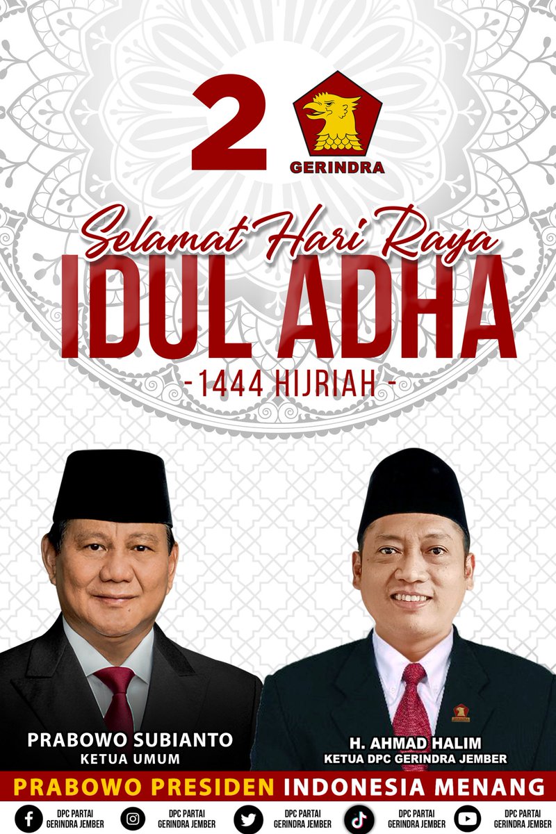 Jember_Gerindra's tweet photo. Allāhu akbar, Allāhu akbar, Allāhu akbar. Allāhu akbar kabīrā, walhamdu lillāhi katsīrā, wa subhānallāhi bukratan wa ashīlā, lā ilāha illallāhu wa lā na'budu illā iyyāhu mukhlishīna lahud dīna wa law karihal kāfirūn.

Selamat Hari Raya Idul adha
--1444 H -- https://t.co/qBrrzcGerX