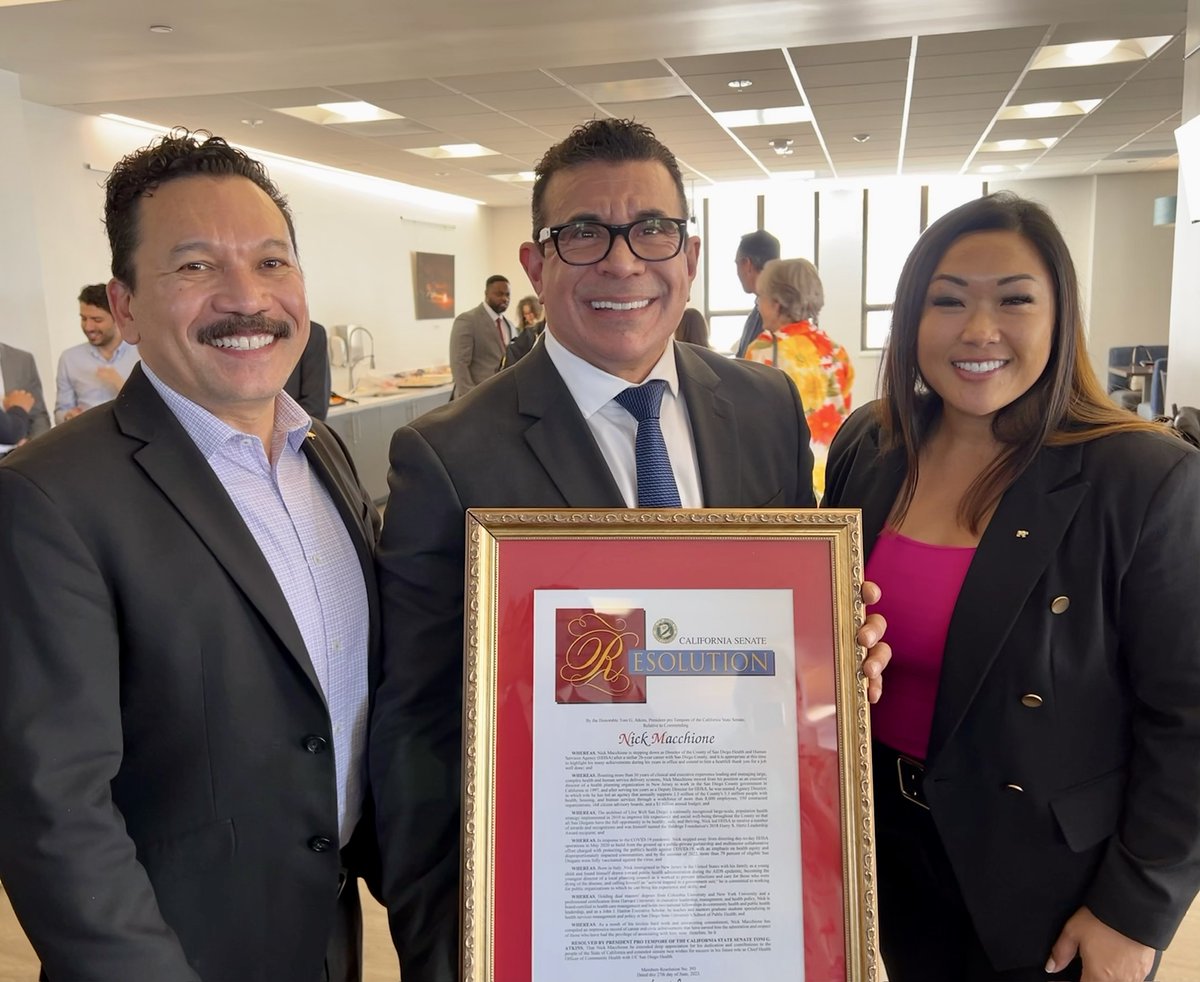 As the leader of <a href="/SDCountyHHSA/">SD HHSA</a> and the founder of <a href="/livewell_sd/">Live Well San Diego</a>, Nick Macchione has improved the lives of millions of Californians during his stellar 26-year career. I’m pleased to extend congratulations on his retirement and wish him luck in his new role at <a href="/UCSDHealth/">UC San Diego Health</a>.