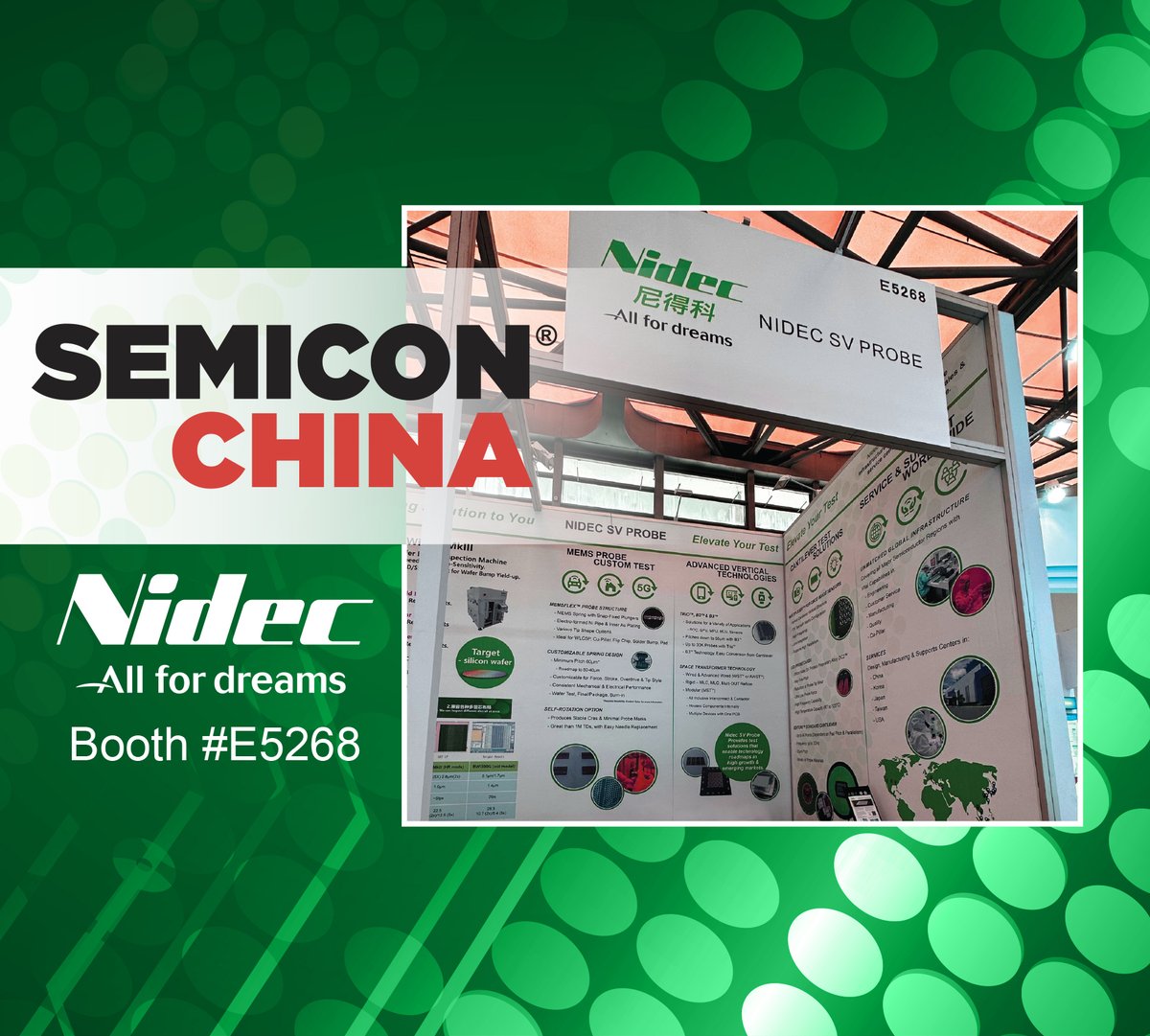 nidecsvprobe's tweet photo. SEMICON China starts in just a few hours! Don’t forget to stop by our booth, E5268. We are ready to answer all of your probe card questions!
#SEMICONChina #probecards #MEMS https://t.co/y29BJsMDIa