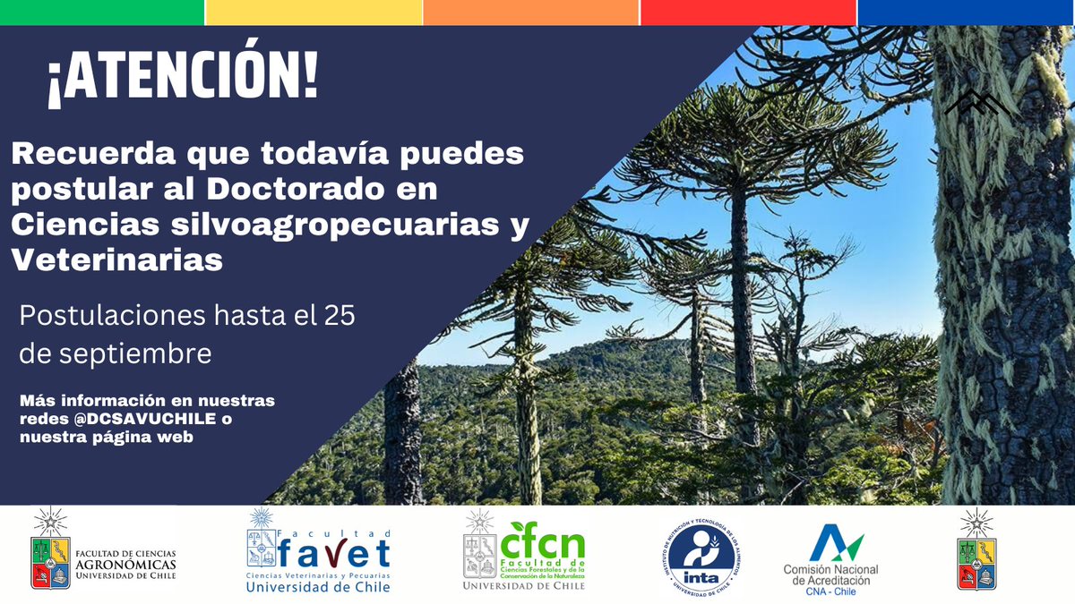 📢📢📢Recuerda que todavía puedes postular al Doctorado en Ciencias Silvoagropecuarias y veterinarias de la universidad de Chile. Toda la información que necesitas en el siguiente link
uchile.cl/u206592
