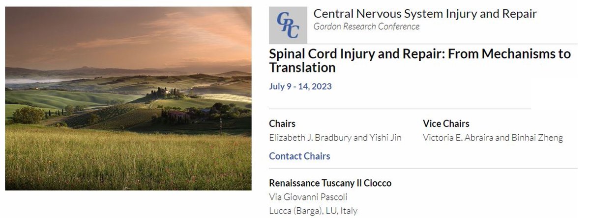 Bradbury Lab (@bradburylab) on Twitter photo The full program is out! Phenomenal lineup for #GRC2023 on #SCI & #CNSInjuryRepair
grc.org/central-nervou…
Looking forward to Chairing with Yishi Jin & vice-Chairs <a href="/BinhaiZheng/">Binhai Zheng</a> <a href="/VAbraira/">Victoria E. Abraira</a> & fabulous GRS chairs @JuliaKaiser8787 <a href="/timothy_faw/">Timothy Faw, PT, DPT, PhD</a> (& to seeing great friends in Tuscany!) The full program is out! Phenomenal lineup for #GRC2023 on #SCI & #CNSInjuryRepair
grc.org/central-nervou…
Looking forward to Chairing with Yishi Jin & vice-Chairs <a href="/BinhaiZheng/">Binhai Zheng</a> <a href="/VAbraira/">Victoria E. Abraira</a> & fabulous GRS chairs @JuliaKaiser8787 <a href="/timothy_faw/">Timothy Faw, PT, DPT, PhD</a> (& to seeing great friends in Tuscany!)