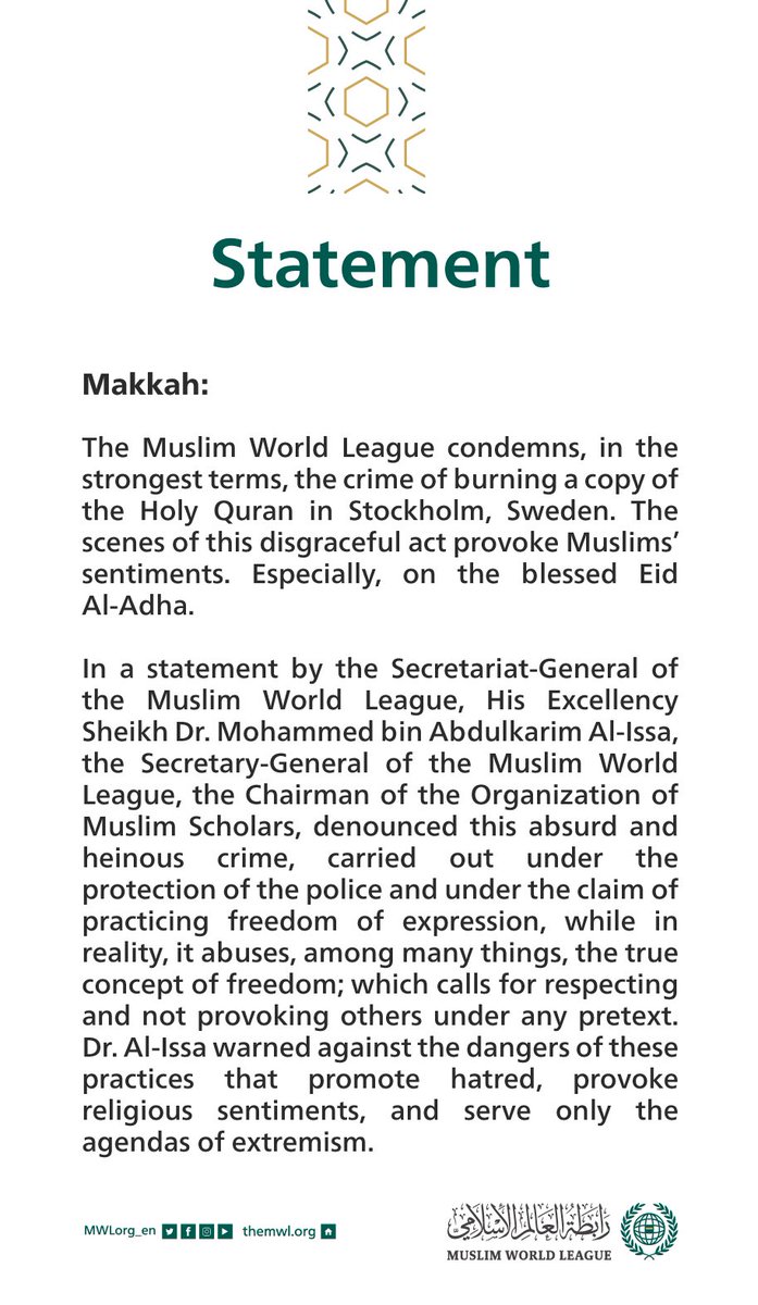 Statement from the #MuslimWorldLeague: