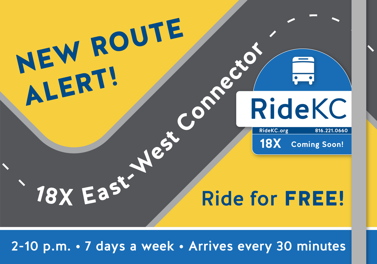 RideKCTransit's tweet photo. 🚨 NEW ROUTE ALERT! 🚨We're excited to announce the new 18X East-West Connector starting July 2! Ride for FREE to @KansasCity favorites from Southwest Blvd. to the Crossroads and 18th &amp; Vine Districts! See the new stops &amp; opportunities: https://t.co/mAOirWksUO https://t.co/4Rf300vAqy