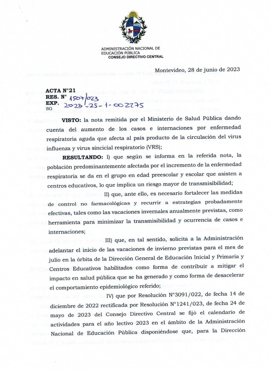 RobertSilvaUy's tweet image. Ante pedido  expreso del @MSPUruguay y conversaciones con @karinarando y @LeoCipriani20 el CODICEN de la @ANEP_Uruguay adelantó las vacaciones de julio de este año. Adjunto resolución con sus fundamentos.