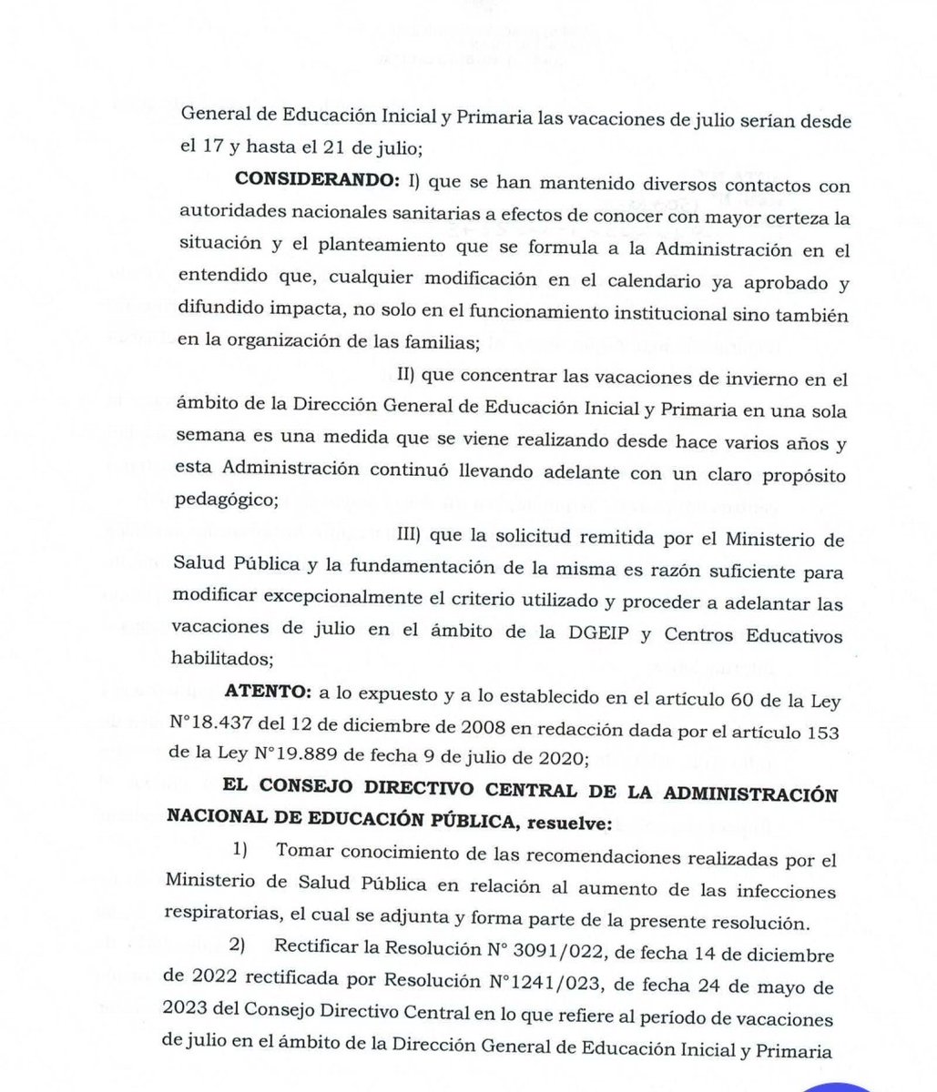 RobertSilvaUy's tweet image. Ante pedido  expreso del @MSPUruguay y conversaciones con @karinarando y @LeoCipriani20 el CODICEN de la @ANEP_Uruguay adelantó las vacaciones de julio de este año. Adjunto resolución con sus fundamentos.