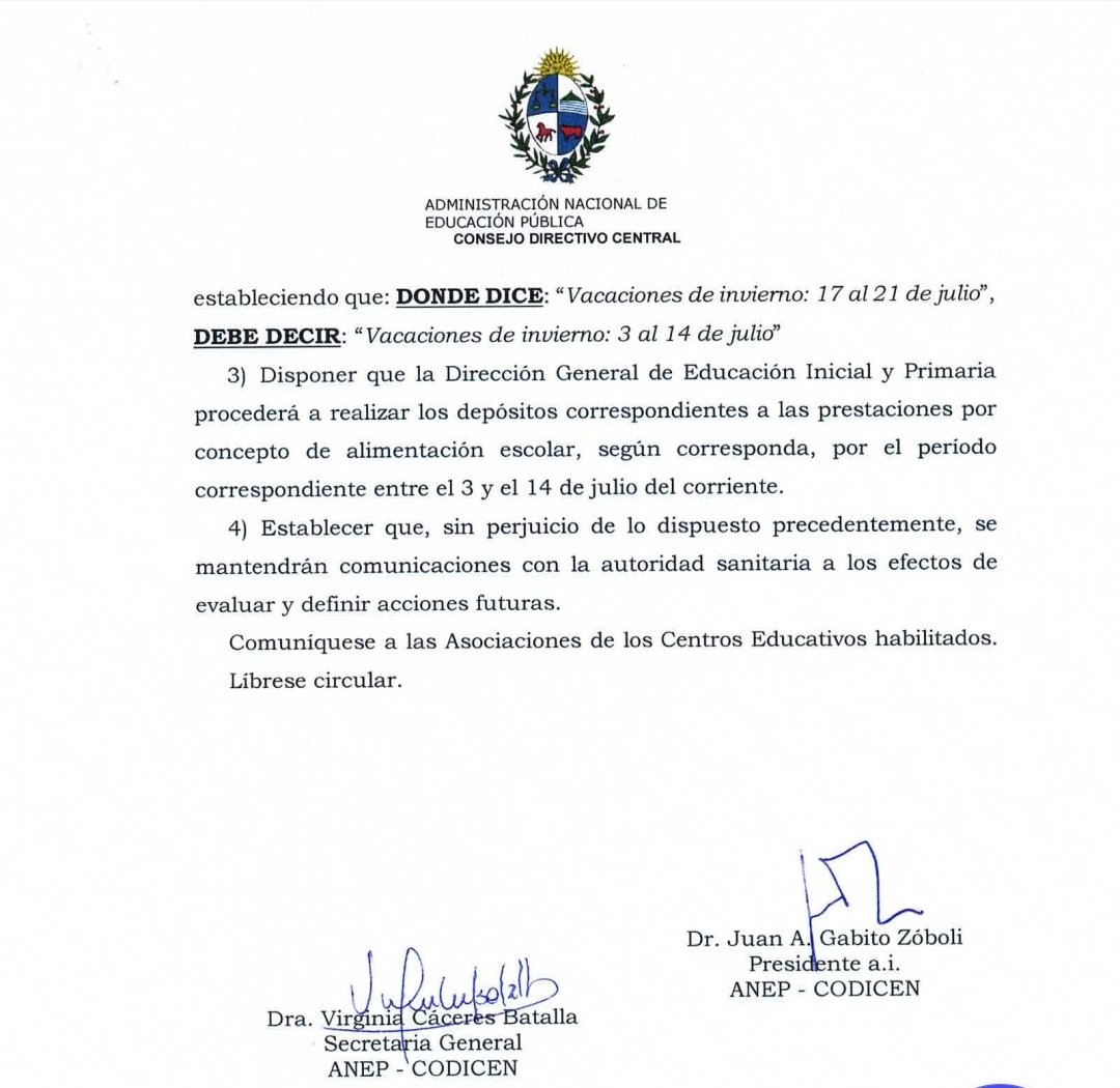 RobertSilvaUy's tweet image. Ante pedido  expreso del @MSPUruguay y conversaciones con @karinarando y @LeoCipriani20 el CODICEN de la @ANEP_Uruguay adelantó las vacaciones de julio de este año. Adjunto resolución con sus fundamentos.