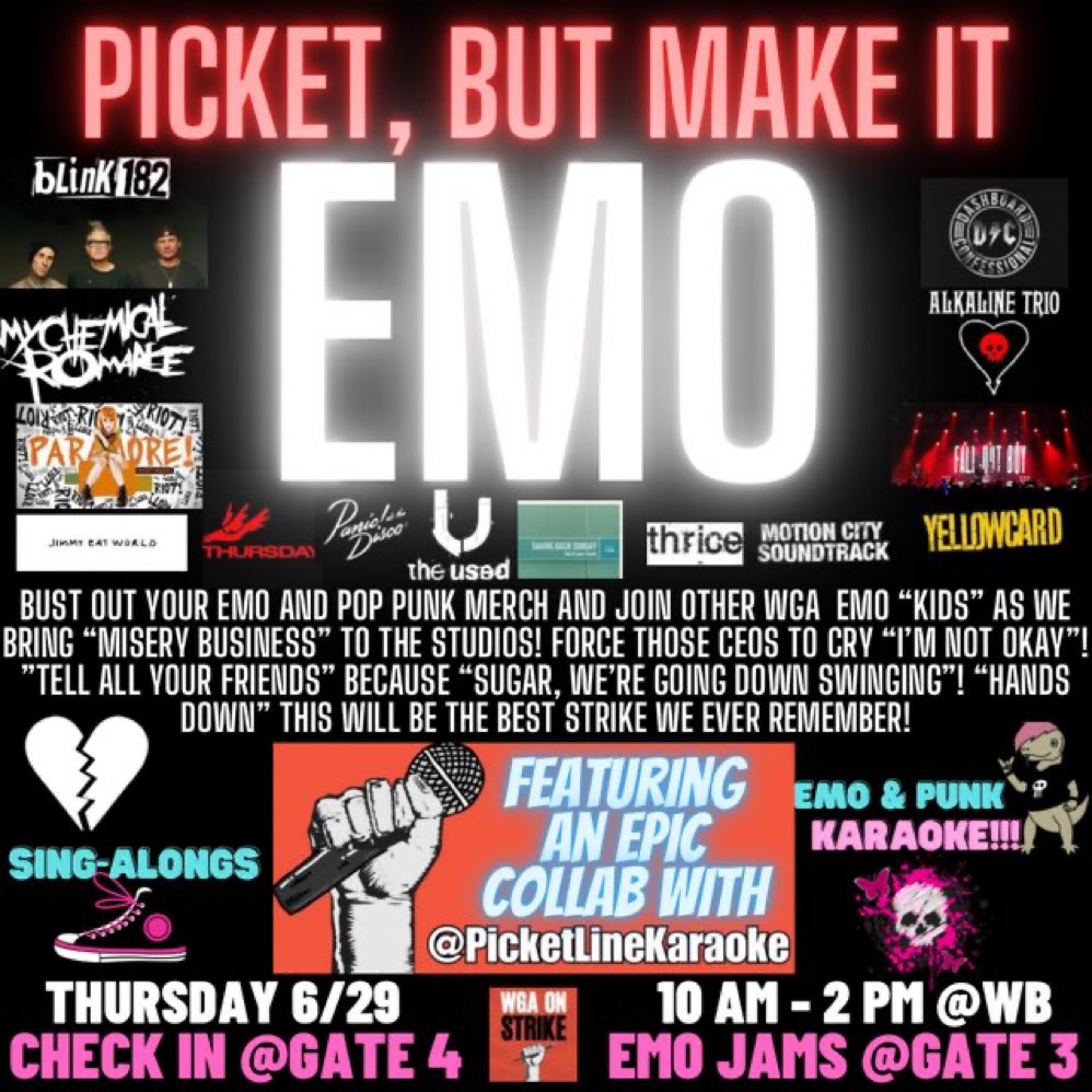 Thursday. 10a. Warner Bros. Emo Day.
Picket Line Karaoke + @OriginalTommys food truck.
#WGAatWB #WGAStrong