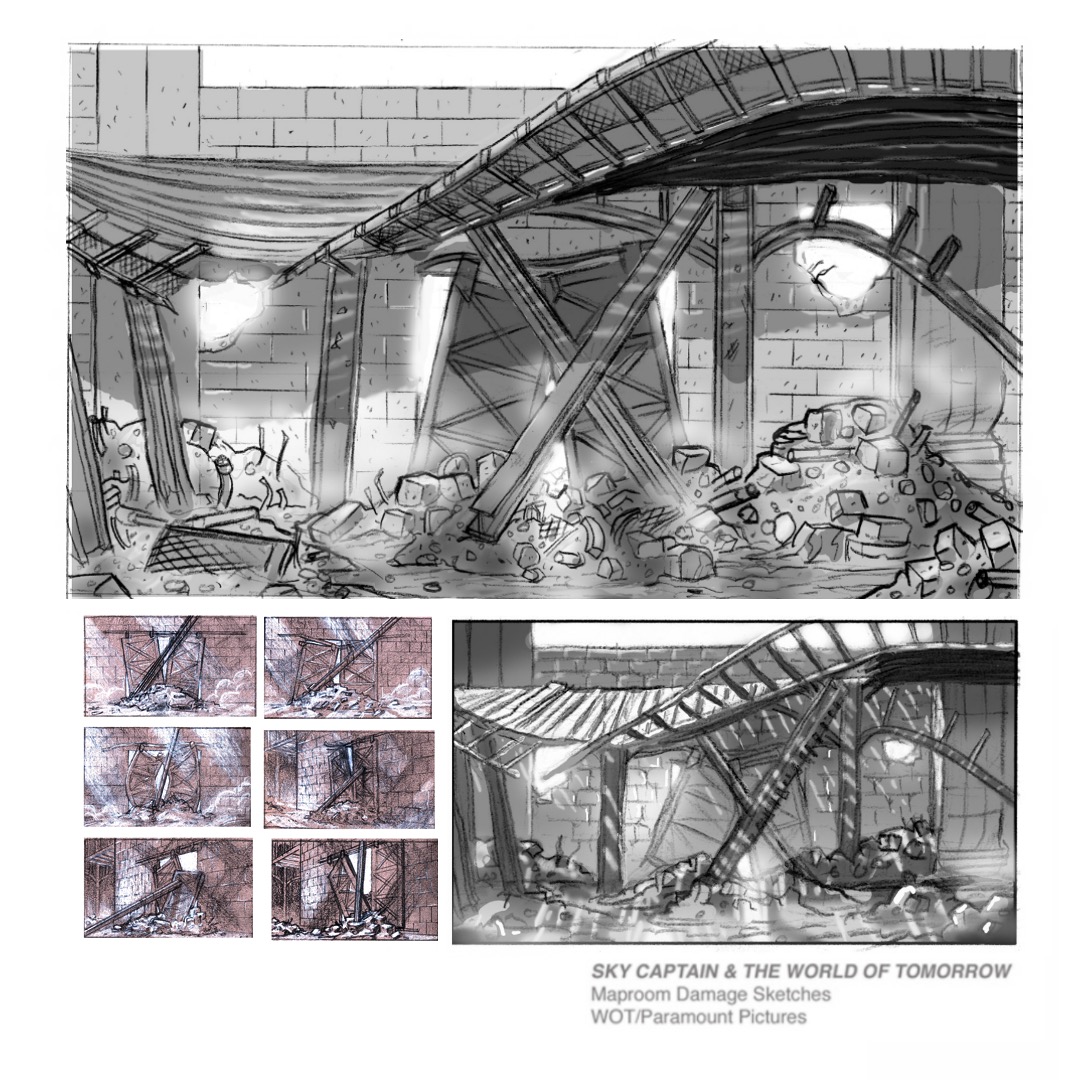 AnsonArtist's tweet photo. For Sky Captain, Kevin Conran asked me to come up with a few sketches of what the damage in the map room might look like. #concept #conceptart #adventurefilm #ActionMovieFX #actionadventure
#skycaptainandtheworldoftomorrow #kevinconran #kerryconran https://t.co/PBV6lxiFYI https://t.co/H8wpSqymtn