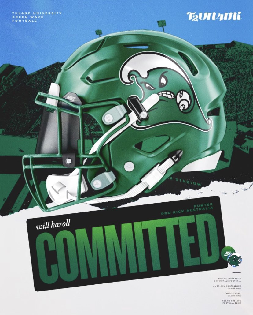 Will Karoll (@willkaroll) on Twitter photo Excited to announce Iโve committed to a full scholarship to study and play football at Tulane University.
Thank you to <a href="/ProkickAus/">Prokick Australia</a> <a href="/JohnnyPKA/">The Prokick Australia Baron</a> @tglees <a href="/ConquestAthlete/">ConquestAthleticPerformance</a> <a href="/GreenWaveFB/">Tulane Football</a> <a href="/CoachWEFritz/">Coach Willie Fritz</a> <a href="/CoachKrysl/">Mike Krysl</a> and the rest of the coaching staff.
ROLL WAVE๐ Excited to announce Iโve committed to a full scholarship to study and play football at Tulane University.
Thank you to <a href="/ProkickAus/">Prokick Australia</a> <a href="/JohnnyPKA/">The Prokick Australia Baron</a> @tglees <a href="/ConquestAthlete/">ConquestAthleticPerformance</a> <a href="/GreenWaveFB/">Tulane Football</a> <a href="/CoachWEFritz/">Coach Willie Fritz</a> <a href="/CoachKrysl/">Mike Krysl</a> and the rest of the coaching staff.
ROLL WAVE๐
