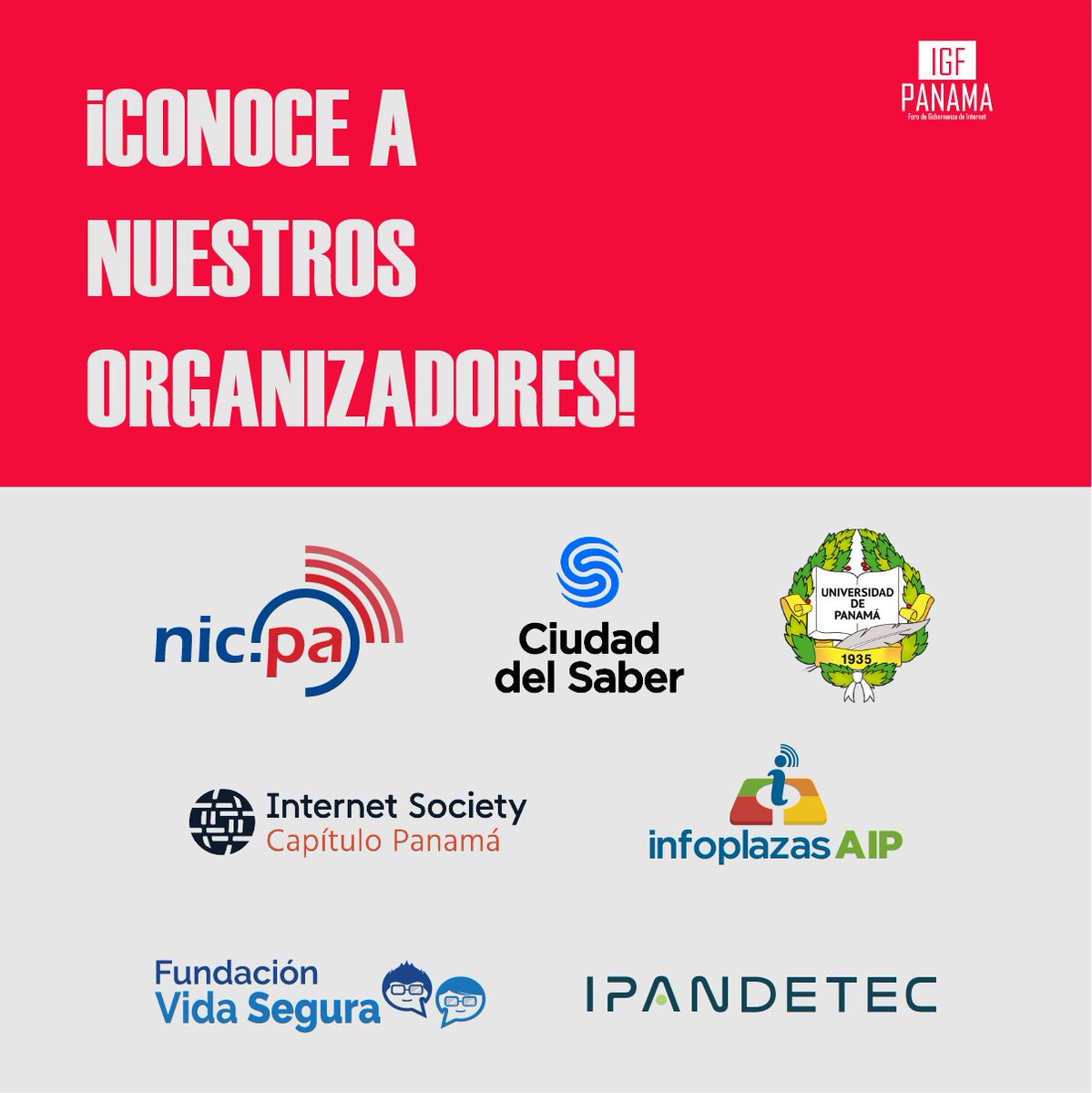 IGFPanama's tweet photo. ➡️ Conoce a los organizadores del #IGFPTY2023

Gobierno: @aigesinnovacion @infoplazasenacy 
Sociedad Civil: @ipandetec @VidaSeguraPTY @CiudaddelSaber
Comunidad Técnica: @ISocPanama @nicpuntopa @theDIAorg @IEEEPanama
Academia: @UNIVERSIDAD_PMA https://t.co/5EKV5HzJmw