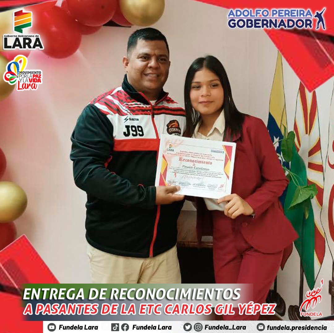 FUNDELA_LARA's tweet photo. #1 Como parte del proceso de evaluación de las y los pasantes la etc Carlos Gil Yépez, Presidente de FUNDELA Miguel González les entrega reconocimiento por su excelente labor. 
@AdolfoP_Oficial @NicolasMaduro
@MervinMaldonad0  @Miguelangel_gch @Mippcivzla
#BastaDeCinismoYankee https://t.co/K05A10PSoO