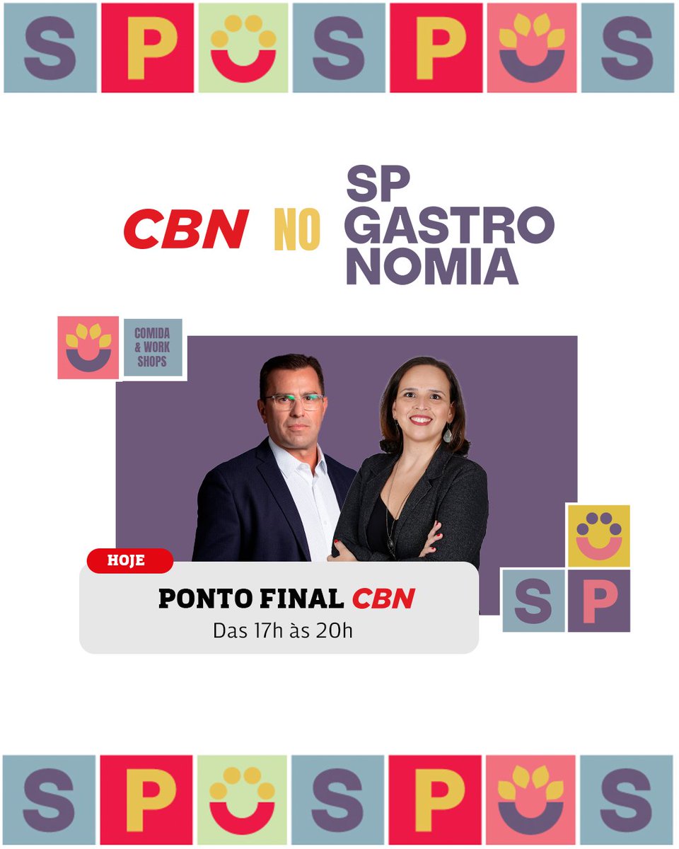 Rádio CBN (@cbnoficial) on Twitter photo É hoje! Começa, na capital paulista, a 1ª edição do maior festival de gastronomia do país, o SP Gastronomia. A CBN estará presente com programas sendo transmitidos ao vivo diretamente do evento. Nesta quinta (29), é a vez do Ponto Final CBN, com <a href="/rodrigobocardi/">Rodrigo Bocardi</a> e <a href="/carolmorand/">Carolina Morand</a>. É hoje! Começa, na capital paulista, a 1ª edição do maior festival de gastronomia do país, o SP Gastronomia. A CBN estará presente com programas sendo transmitidos ao vivo diretamente do evento. Nesta quinta (29), é a vez do Ponto Final CBN, com <a href="/rodrigobocardi/">Rodrigo Bocardi</a> e <a href="/carolmorand/">Carolina Morand</a>.