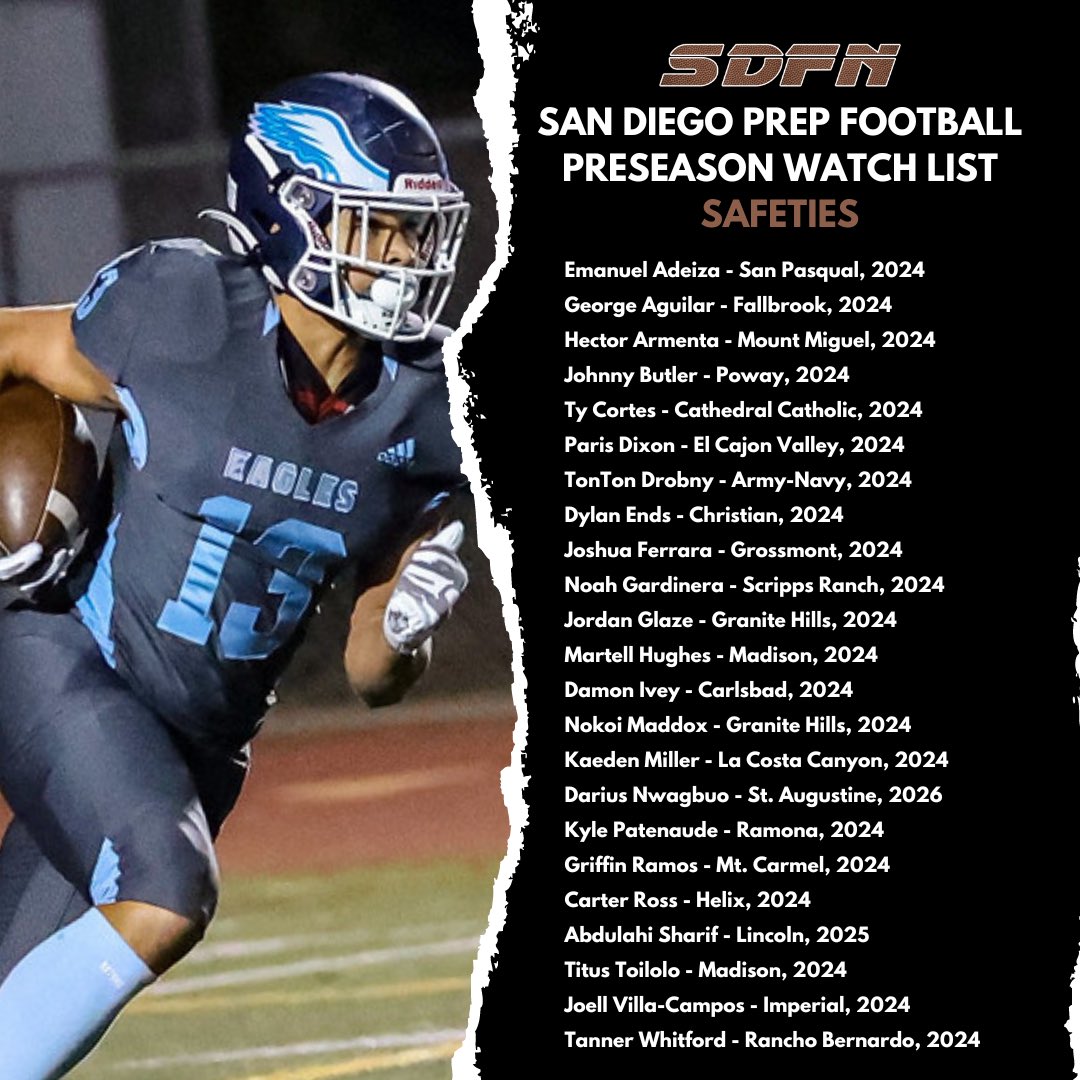 San Diego Prep🏈 Preseason Watch List
Safeties 🧷 #Top23in2023

📸 by @nicole2noel