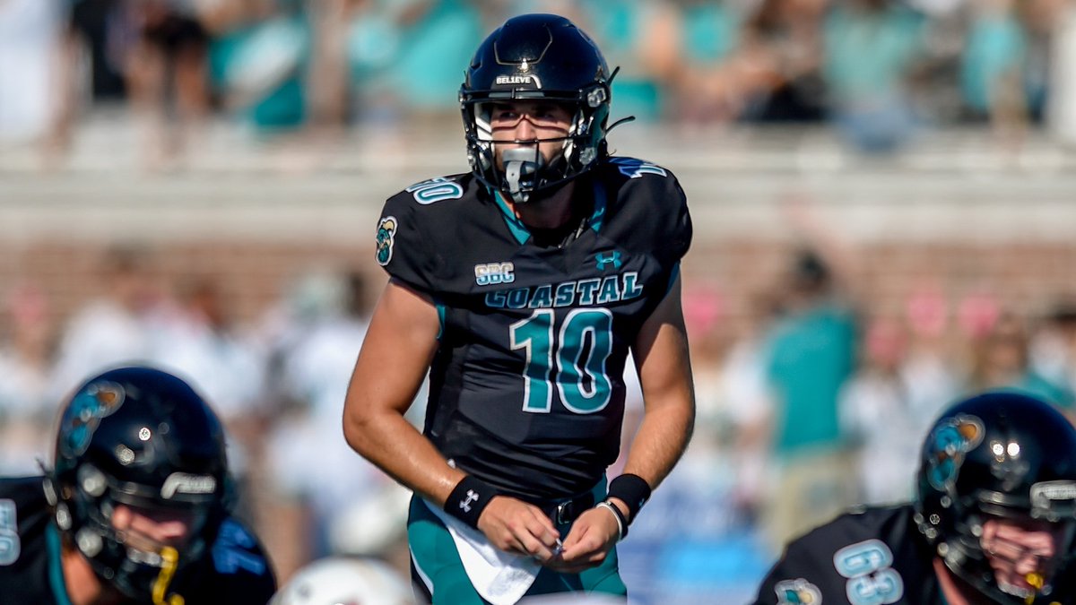 ● QB Spotlight ● Grayson McCall - Coastal Carolina • McCall is an elite QB with a phenomenal 70.6% career completion percentage & he has 78 TDs passes to just 8 INTs. He's thrown for 8,086 yards in his career and rushed for 1,065 yards 17 Touchdowns 🔥🔥🔥