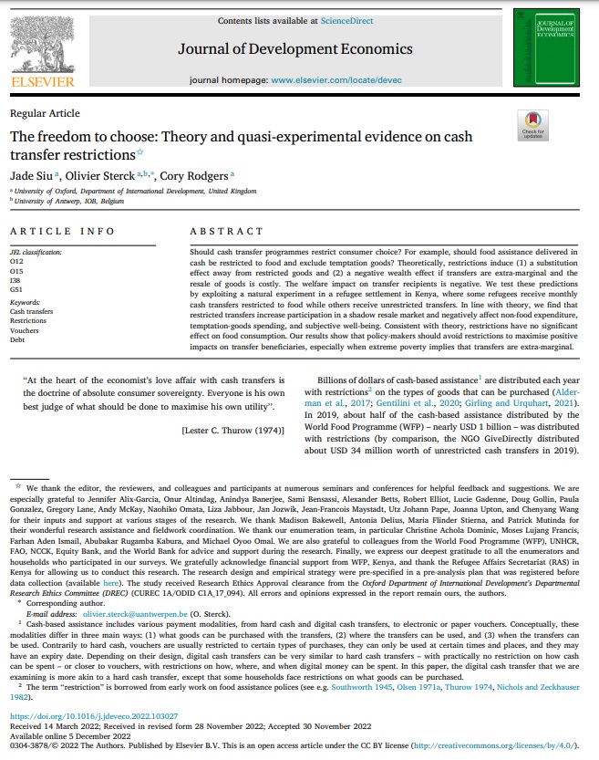 What happens when the use of #cashtransfers is "restricted"?

Experimental evidence from #refugees in #Kenya shows that if cash can only be spent on food it...
(1) increases engagement in shadow resale markets
(2) reduces subjective wellbeing.

Siu et al
sciencedirect.com/science/articl…