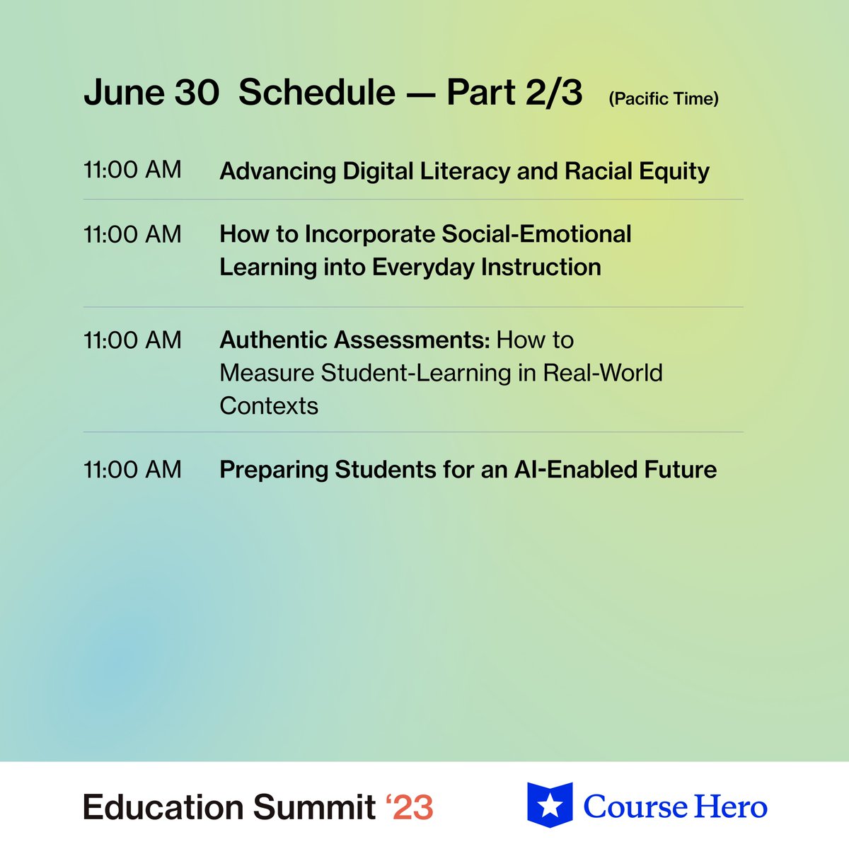 CourseHero's tweet photo. If you thought yesterday's agenda was packed, check out today's lineup👀 Day 2 of our Education Summit kicks off in 1h! Join us LIVE: https://t.co/F6MqkgE29B

#EdSummit23 #HigherEd #Educators #Education https://t.co/jnTaxmlxG3