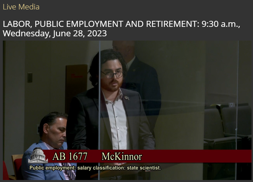 CAPS Secretary @JDGarcia2051 testified this morning at the State Capitol about AB1677. This Bill would adjust salary ranges to help recruit and retain skilled #CaStateScientists. 

#ValueScientists #EqualPayCA
#AvoidCollapse #PayEquity