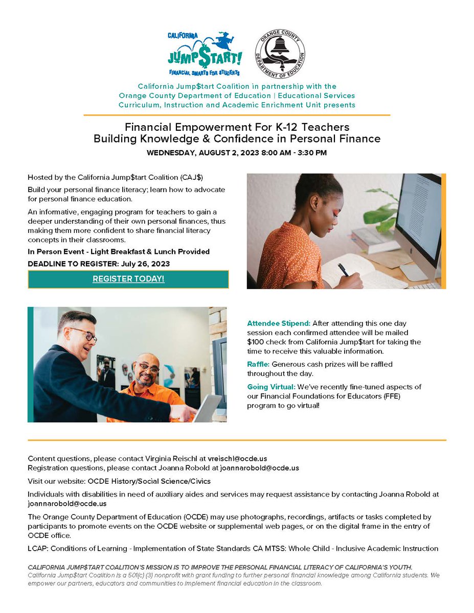 Join us on Aug 2 at OCDE! Empowerment for K-12 Teachers: Build financial literacy and teach with confidence. #FinanceEducation #CAJ$ Register now! ocde.k12oms.org/1244-235984