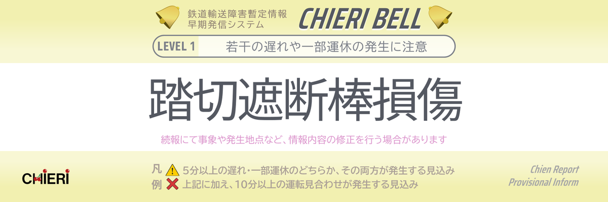 🔔𝘾𝙃𝙄𝙀𝙍𝙄 𝘽𝙀𝙇𝙇🔔
◆奈良線　山城青谷駅付近にて『踏切遮断棒損傷』との情報をキャッチ
《23.06.29 08:00》