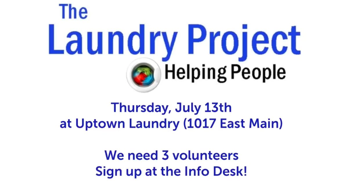 The Laundry Project continues to help people in our community and FELC needs three volunteers for our Thursday, July 13th at Uptown Laundry.