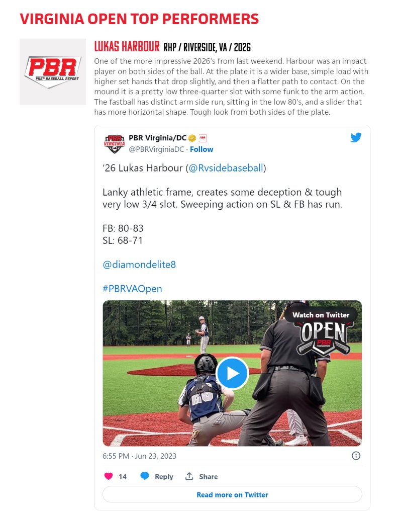 lukas_harbour's tweet photo. Honored to get this shout-out from PBR.  

VIRGINIA OPEN TOP PERFORMERS
LUKAS HARBOUR RHP / RIVERSIDE, VA / 2026
 https://t.co/k7XXUuR10B 
https://t.co/3fUq55epXA https://t.co/dyrRajGMES