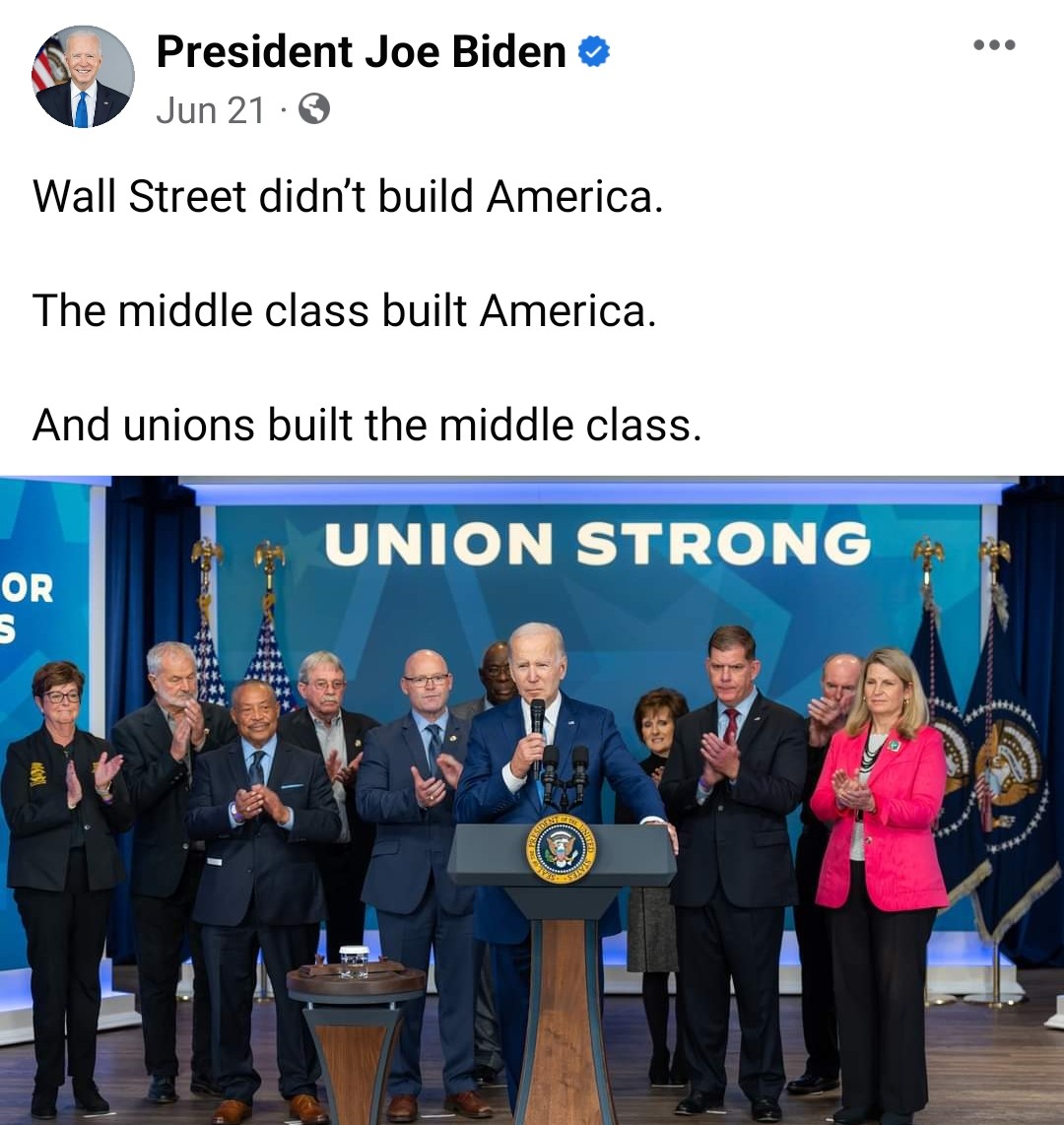 @DrDinD 'THE MIDDLE CLASS BUILT AMERICA AND UNIONS BUILT THE MIDDLE CLASS' Thank you Joe #UnionStrong #BidenomicsisWorking #Bidenomics