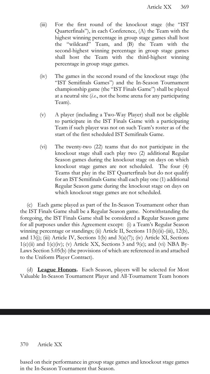 The new CBA details the In-Season Tournament (IST):

Two stages:
1️⃣Group stage - each conference is split into 3 groups of 5 teams based on standings 

2️⃣ Knockout stage - a single elimination tournament  including each highest winning percentage team in each group + 2 wildcards