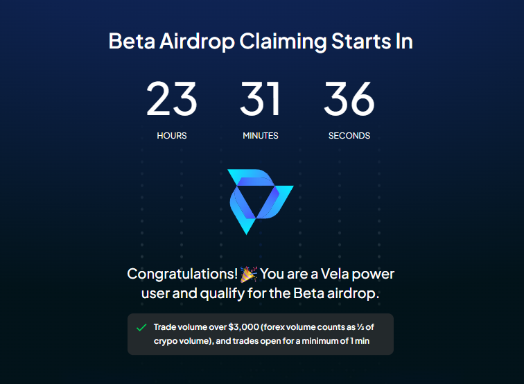 Vela Airdrop Check is Live 😁📷 If you created volume $3,000+ on

@vela_exchange
during its Beta stage, then you're qualified.  Check here: vela.exchange/airdrop BTW, you can still trade on Vela and qualify for the Launch Airdrop.app.vela.exchange/?refer=R0UGXAB6