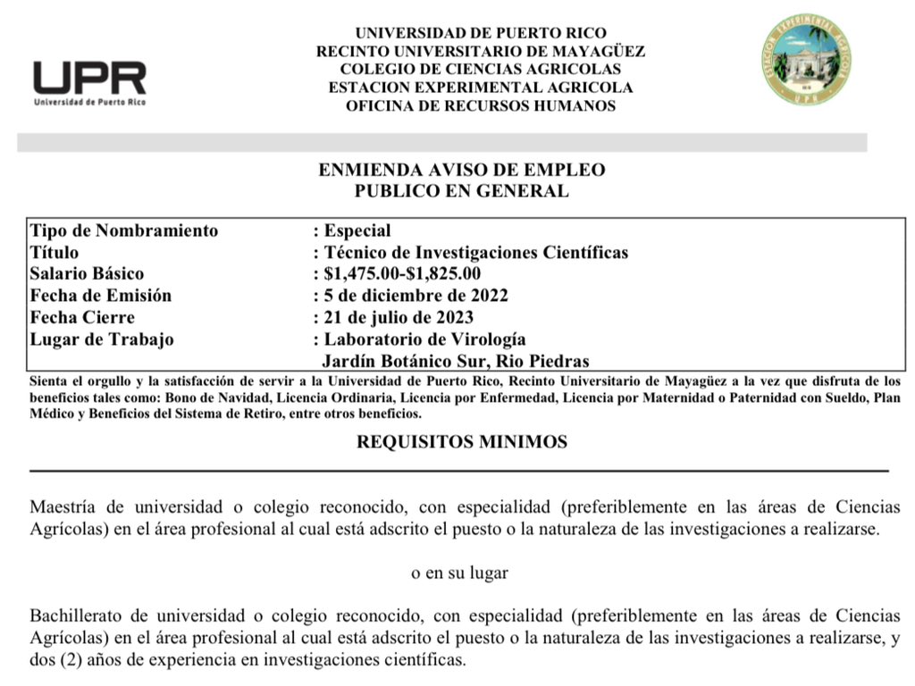 Requisito mínimo maestría. Salario aproximado de $8.80/hora. Estas son las políticas del presupuesto que promueve la <a href="/FOMBPR/">Financial Oversight & Mgmt Board for Puerto Rico</a> donde estrangula a la UPR. Que conste que ese salario se supone que de para vivir en Río Piedras.