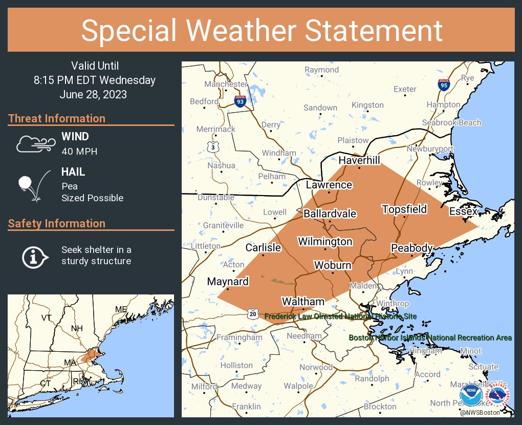 NWSBoston's tweet photo. A special weather statement has been issued for Lawrence MA, Haverhill MA and  Waltham MA until 8:15 PM EDT https://t.co/7drMX3B38l