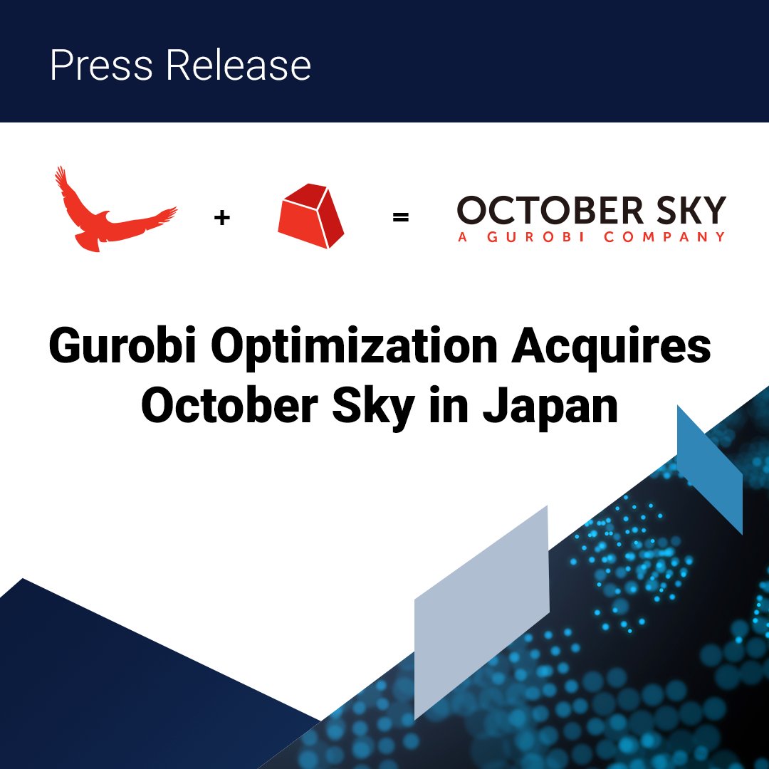 Gurobi Optimization has acquired October Sky, Japan’s leading mathematical optimization services provider. This acquisition enhances our capabilities and reinforces our commitment to empowering organizations with cutting-edge optimization technology. ow.ly/LrCy50OZVMb