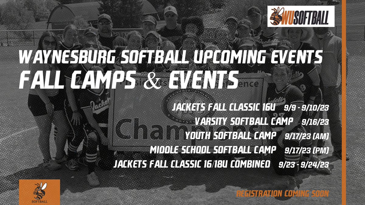 Waynesburg University Softball Upcoming Events!
Save the dates!!

Jackets Fall Classic 16U
Varsity Softball Camp 
Youth Softball Camp 
Middle School Softball Camp 
Jackets Fall Classic 16/18U Combined 

Dont miss out!!
(Registration links coming soon)
