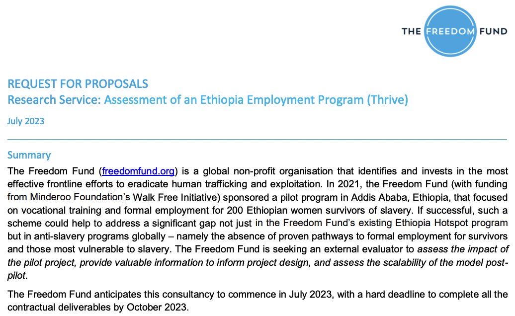'Thrive' is a program by the @Freedom_Fund and @WalkFree which is supporting 200 Ethiopian female survivors of slavery to complete vocational training and secure formal employment We're looking for an #evaluator 🔍, see RFP at: freedomfund.org/wp-content/upl… Deadline is 11 July 2023