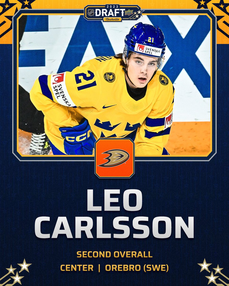NHL's tweet image. With the second overall pick in the 2023 #NHLDraft, the @AnaheimDucks select...

🎙️ Leo Carlsson!