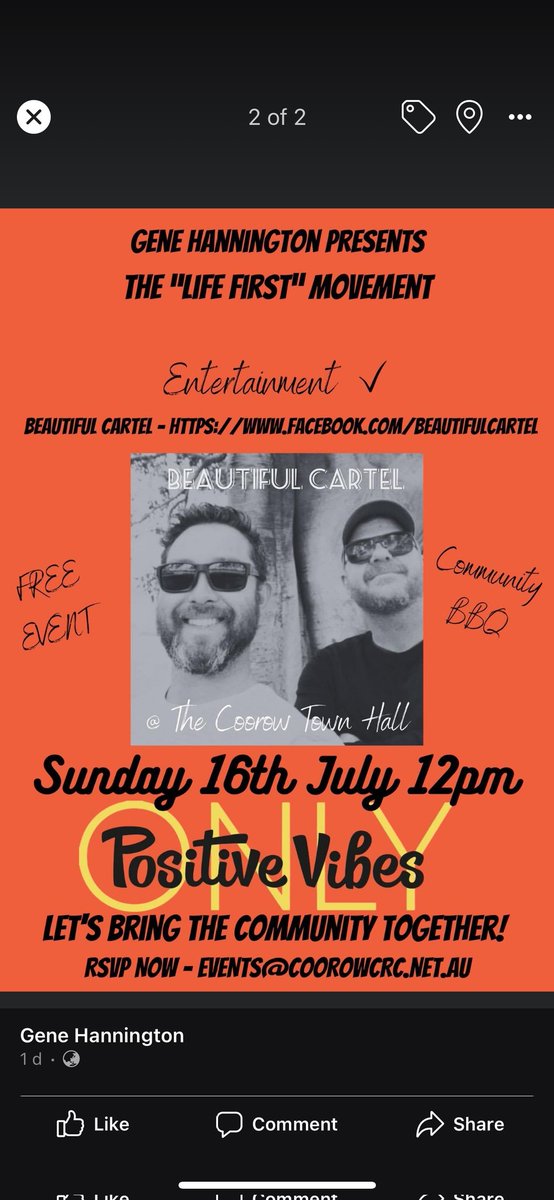 In and around the Coorow area on July 16?
Gene Hannington would love to invite you along for a free event at 12pm at the town hall
Listen to some speakers and have a chat
Live music and a feed
<a href="/RMHI_4BLOKES/">The Regional Men's Health Initiative</a> 
<a href="/logue_phil/">Phil Logue</a>