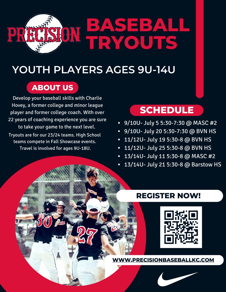 Tryouts are now available for ages 9-18u!  Register at precisionbaseballkc.com 
Come be a part of the Precision Family and develop your skills with our staff of coaches. <a href="/KCSPORTS/">KC Sports</a> <a href="/PGMidwestBB/">Perfect Game Midwest Baseball</a> <a href="/USSSABSBL/">USSSA Baseball</a> <a href="/PBRKansas/">Justin Goetz (Parody)</a> <a href="/PBRMissouri/">PBRMissouri</a> <a href="/jc3and2baseball/">3&2 Baseball</a> <a href="/bluevalleyrec/">Blue Valley Rec</a> @PGMidwest #Nike