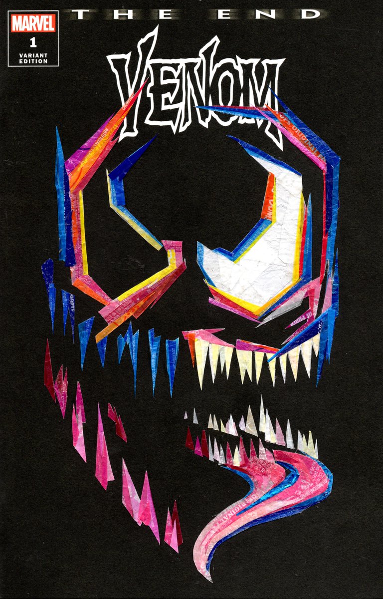 popwrapart's tweet image. Shipped! Venom #commission based on a previous cover last year – made with #candywrappers. Last of cover work for awhile. #venom #comicart #PopCulture #mixedmedia