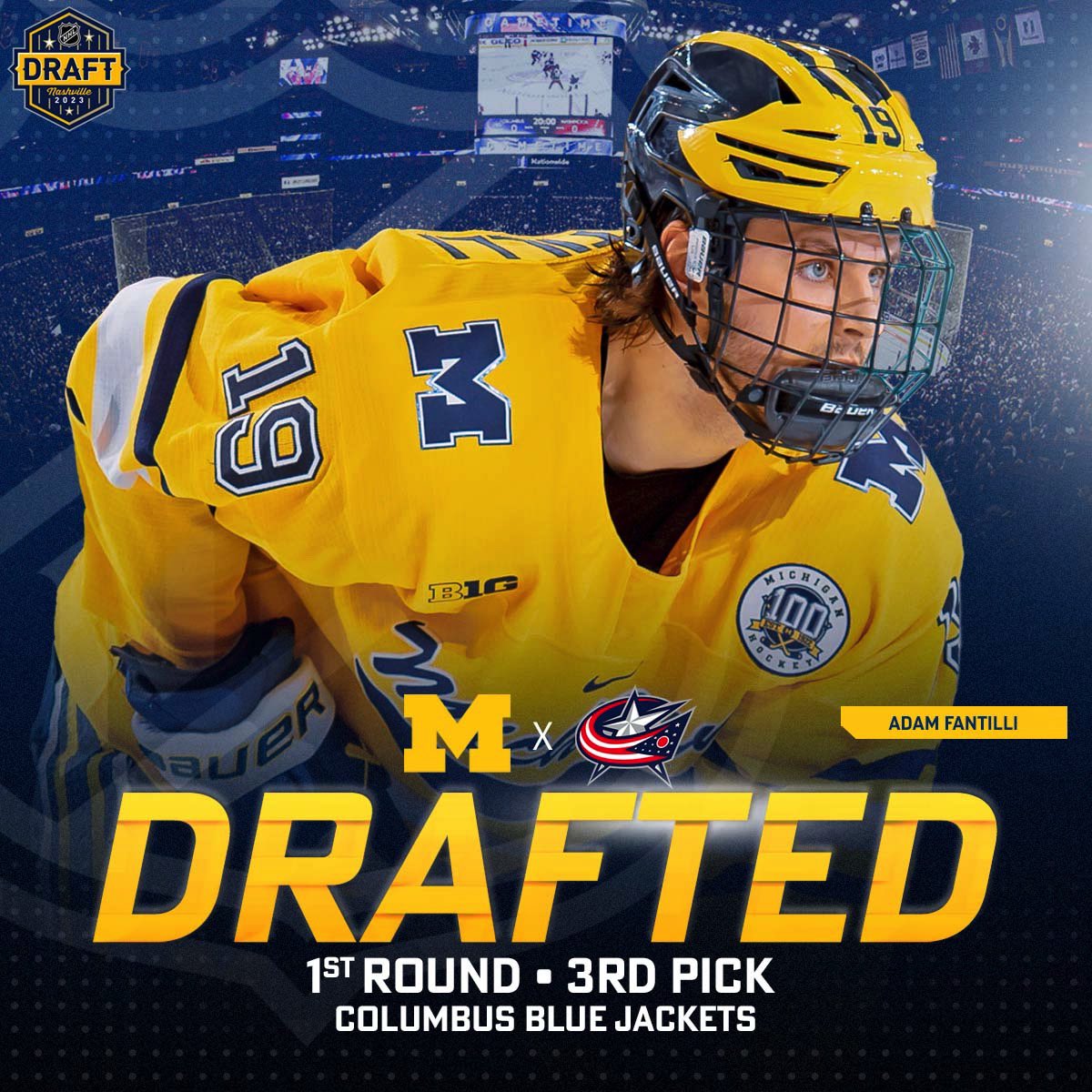 umichhockey's tweet photo. With the third overall pick in the 2023 NHL Draft, the Columbus Blue Jackets select Adam Fantilli!

#GoBlue〽️ #ProBlue #2023NHLDraft https://t.co/CM3MCwgL3W