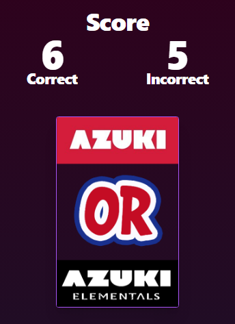 homuraboot's tweet photo. I scored 6/11 in Azuki VS Elemental https://t.co/jkQDTnUdiT on Medium difficulty!
Created by @R4vonus
#AzukiVsElemental https://t.co/Z8z8AAxxJf